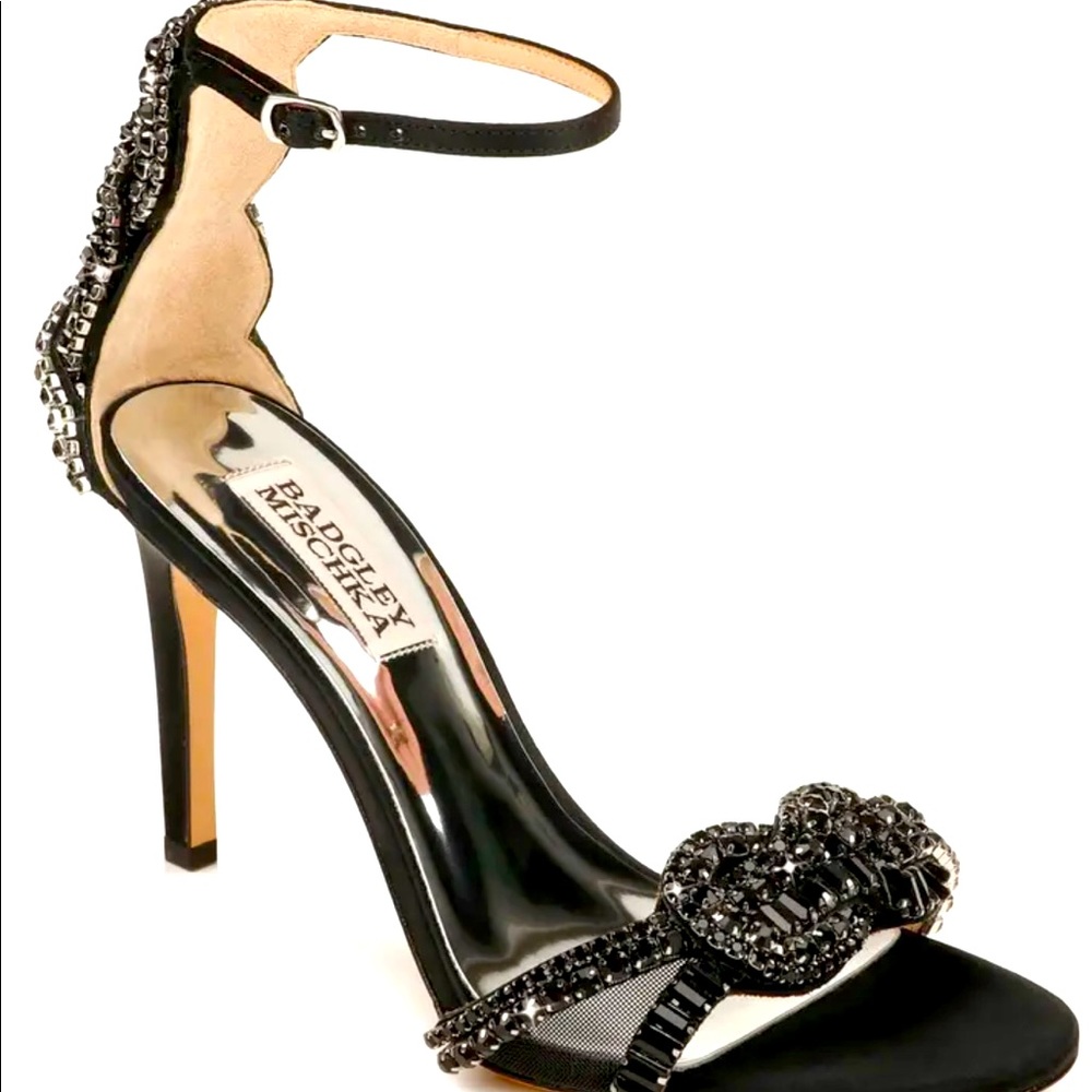 Black Satin Rhinestone Badgley Mishka Zadie Ankle Sandal